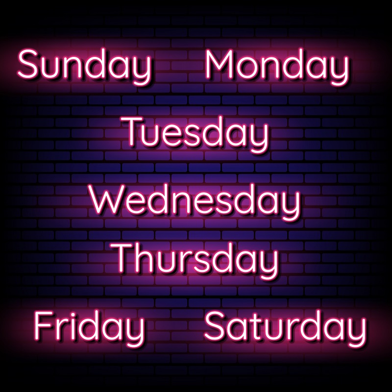 weekdays, neon signs, pink black